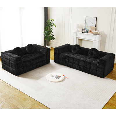 Canapé moderne sans os avec deux coussins décoratifs circulaires, tissu en polyester à poils longs texturé litchi doux pour la peau, canapé en mousse à carreaux