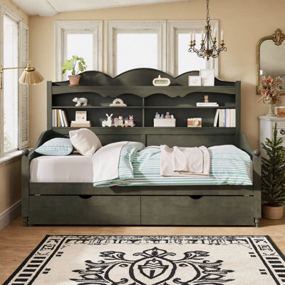 Twin Storage Daybed With 2 Drawers & Shelving Headboard, Underbed Storage