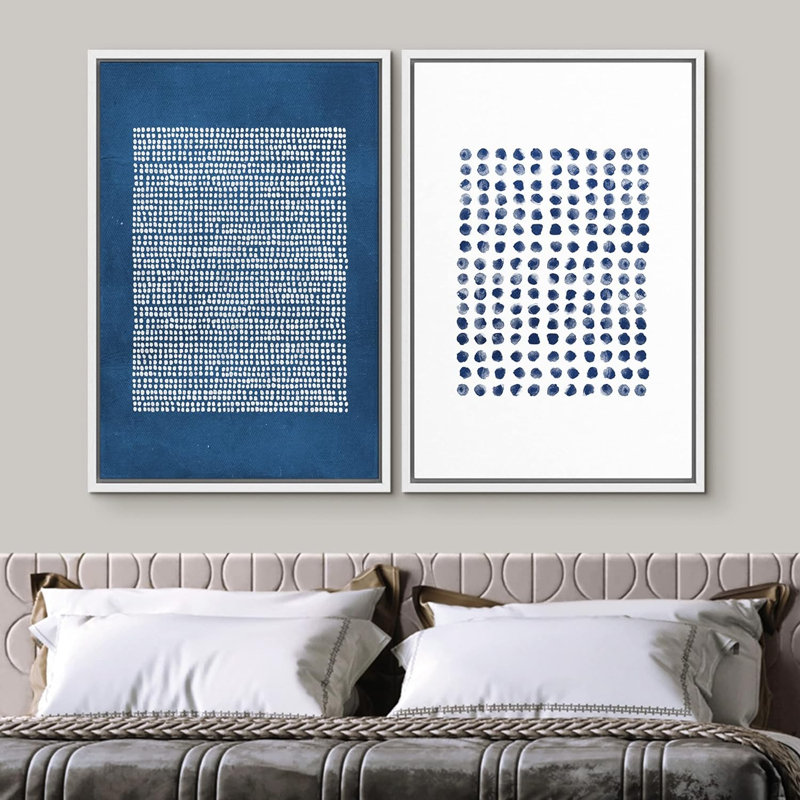 Bleu marine, blanc, collage géométrique à pois, images murales de forme abstraite, art moderne, bureau nordique - ensemble de 2 reproductions sur toile flottante