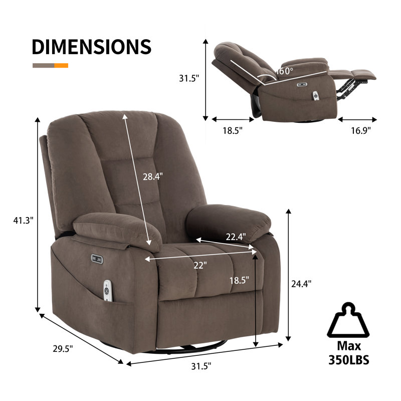 Latitude Run® Oversized Power Swivel Rocker Recliner Chair for Adults  with Heat and Massage, Light Gray