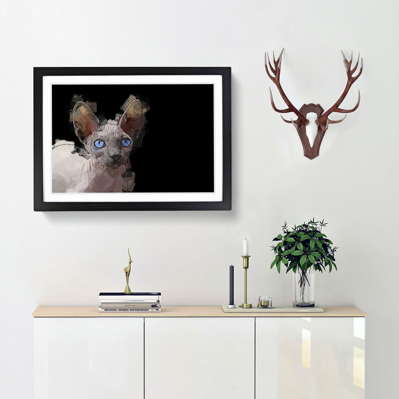 Blue Eyed Sphynx Cat in Abstract - Picture Frame Graphic Art Print, 62cm H x 87cm W x 2cm D, Black Framed