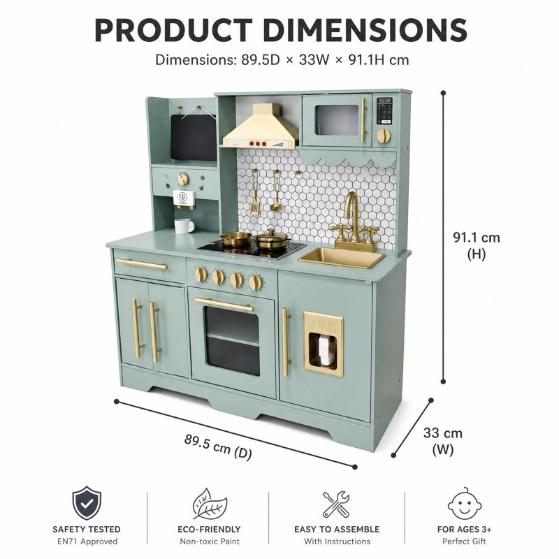 Wooden Play Kitchen with Coffee Maker & Utensils, Blue, 91cm H