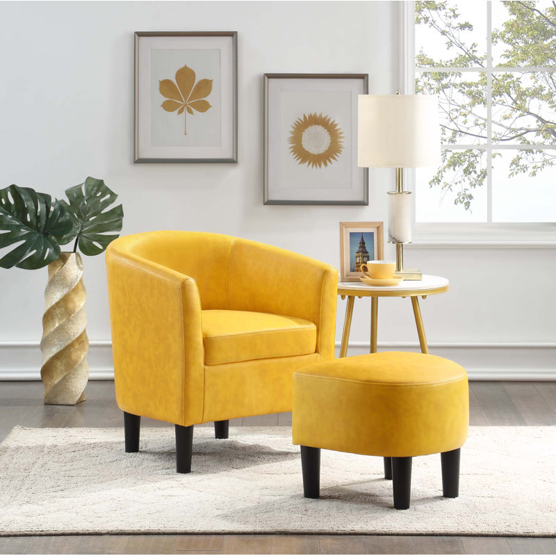 Anges Faux Leather Barrel Chair with Ottoman, Marigold Stamped Faux Leather