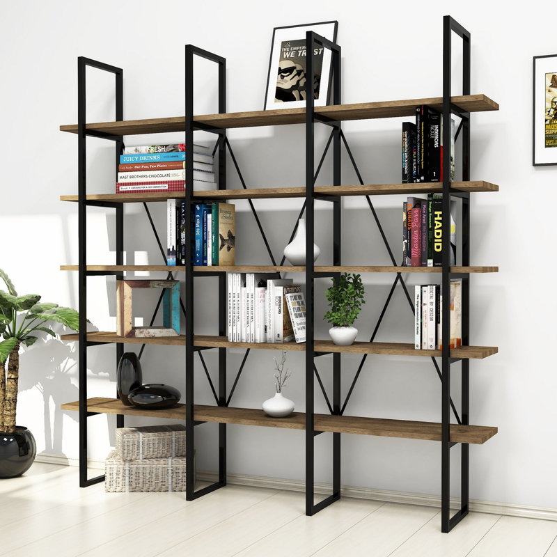 Modern Industrial Bookshelf, Walnut & Black, 63.0 x 63.0 x 10.2 inches | 100% Melamine Coated Particle Board, Thickness: 0.7 inches | Metal Frame, Wall-Mountable, Numerous Shelves for Additional Storage