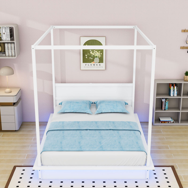 Lit plateforme à baldaquin avec design moderne et lumière DEL, Grand lit