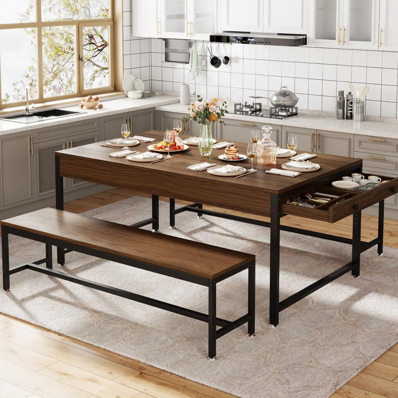 Walnut 63'' Dining Table Set with Benches and Wine Rack