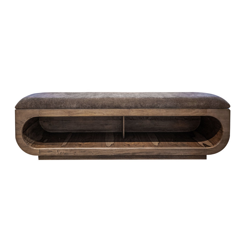 Banc en bois Ithzel avec siège rembourré et rangement ouvert en dessous.