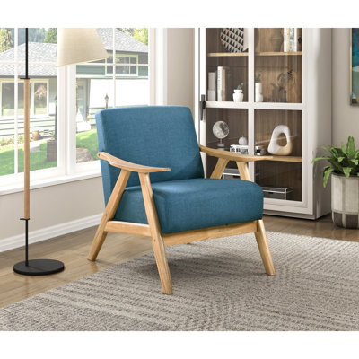 Chaise d'appoint en bois massif revêtue de tissu d'ameublement bleu avec rembourrage en mousse pour plus de confort