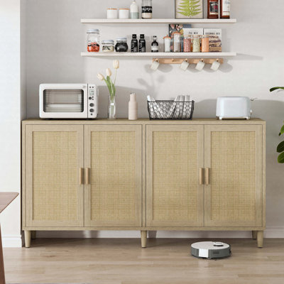 Rattan Buffet Cabinet With Storage, 4-Door Sideboard Buffet Cabinet With Adjustable Shelves For Kitchen, Living Room And Dining Room, Easy Assembly