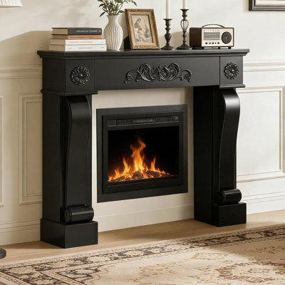  44.48" Fireplace Mantel, Freestanding Fireplace Surround With Leg For Electric Fireplaces, Mdf Mantel Surround With Shelf For Living Room With Decorative Pattern, Anti-Tipping & Waterproof
