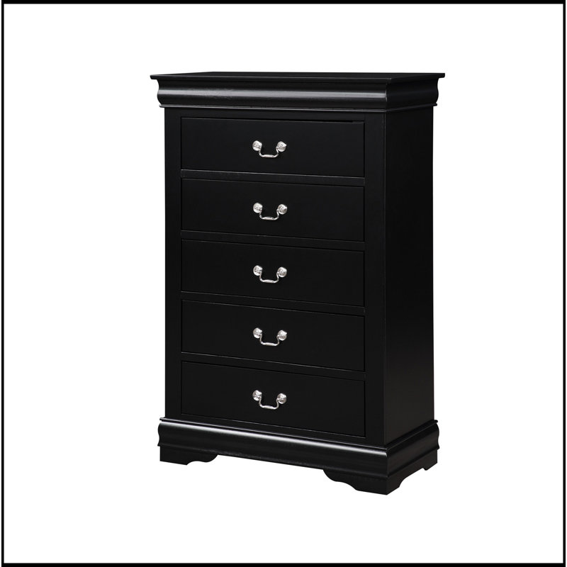 Commode 5 tiroirs avec poignées en métal, Noir, noir, noir, noir