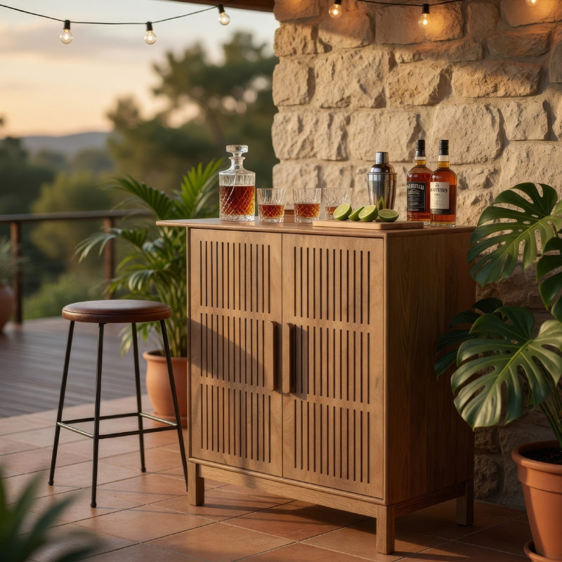 Bar Pela, tablettes réglables et porte-bouteilles, brun naturel