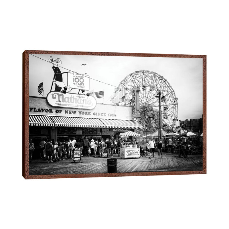 Boardwalk Coney Island by Philippe Hugonnard - Print on Canvas, Classic Brown Wood Floater Framed