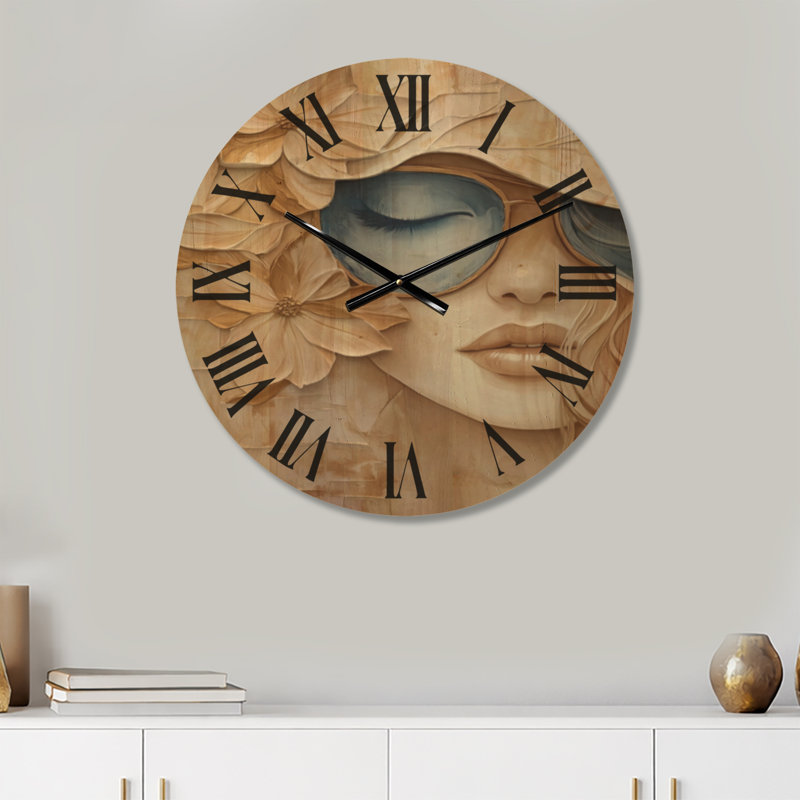 Horloge murale ronde glamour Sunlit Blossom Muse, imprimée sur bois, Large