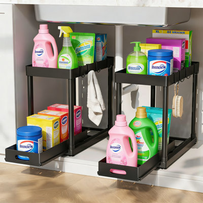 2-Pack Pull-Out Under Sink Storage Organizer For Bathroom And Kitchen, Black