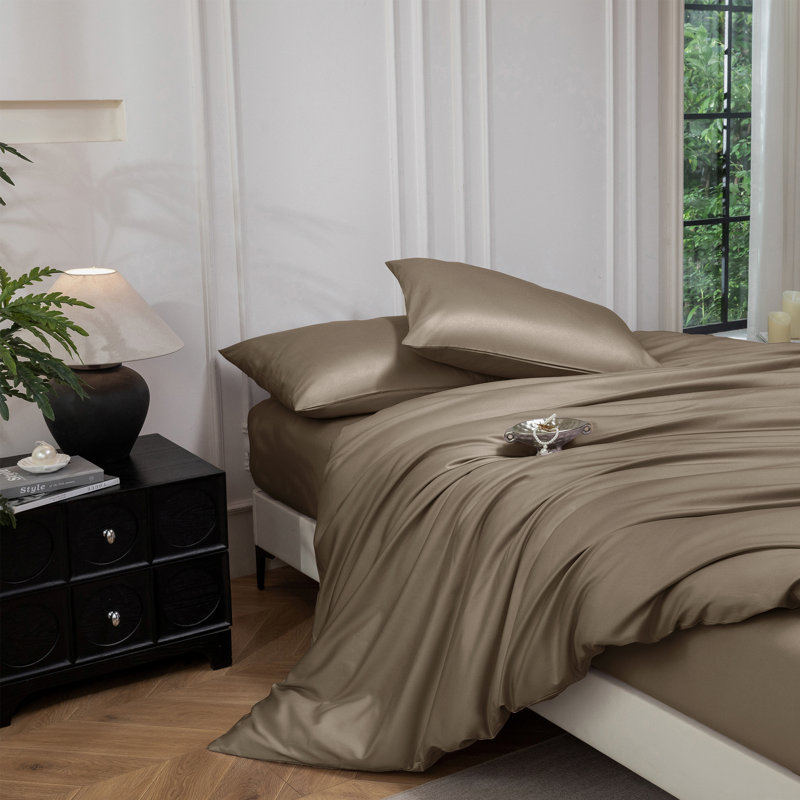 MooMee Duvet Cover Set Silky Sateen Look Luxury Sheen Zipper Closure & 8 Interior Ties 100% Long-Staple Cotton 600TC 