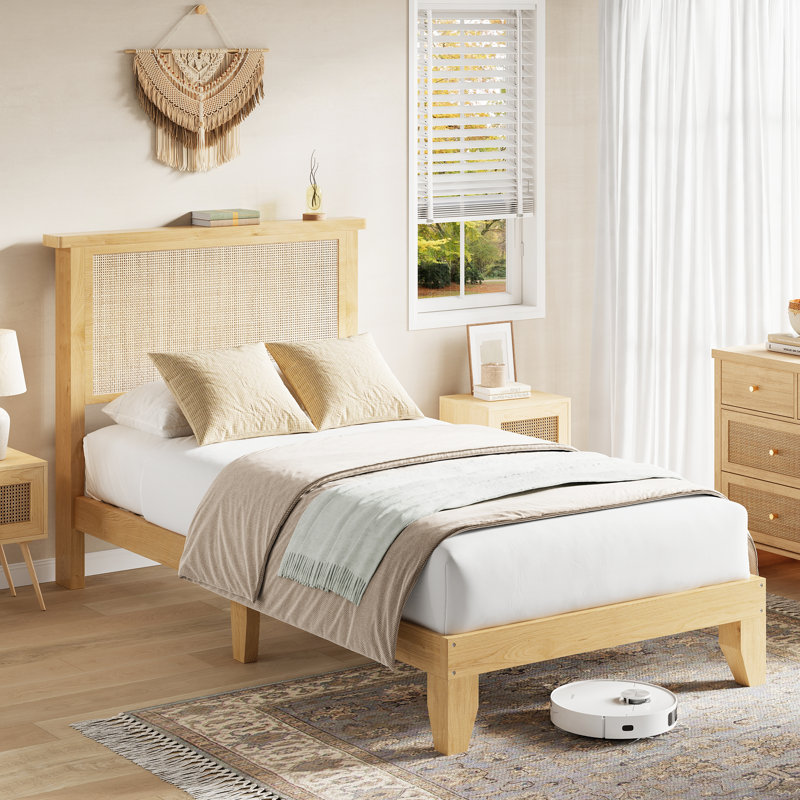Twin Size Boho Rattan Bed Frame with Natural Headboard & LED Lights, Sturdy Wood Silent Slats, Noise-Free Support, No Box Spring Needed, Easy Assembly