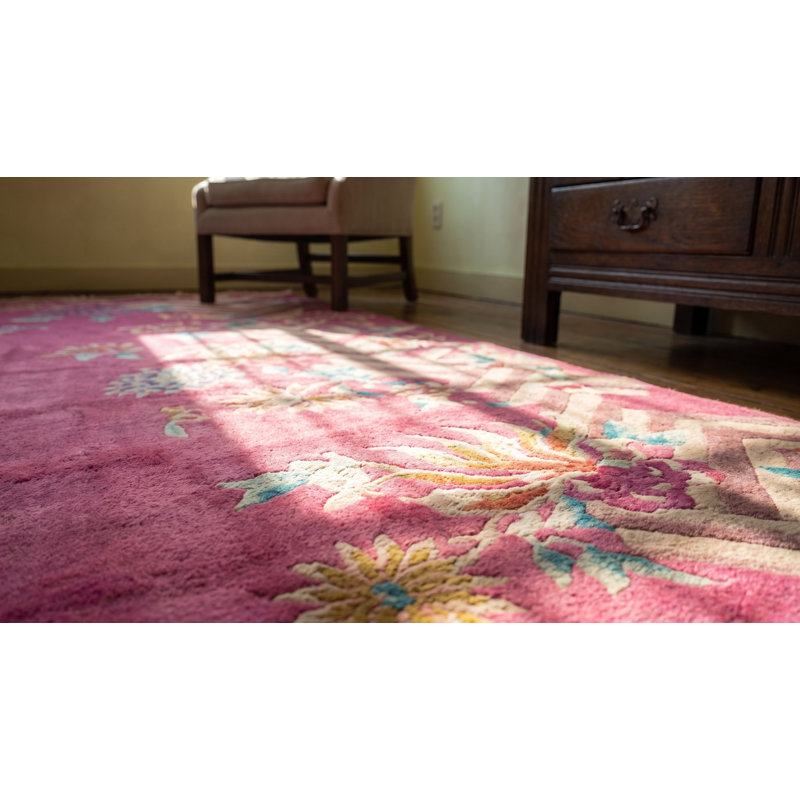 Antique Rectangle Wool Hand Knotted Pile Floral 1920s Coral / Salmon Pink Rug