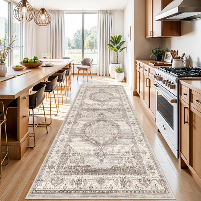 Tapis de couloir large: tapis rétro lavables et doux pour le salon, tapis résistant à l'eau avec envers antidérapant pour l'entrée, la cuisine, la salle à manger, le tapis de chambre de bébé et de salle de bain (beige)