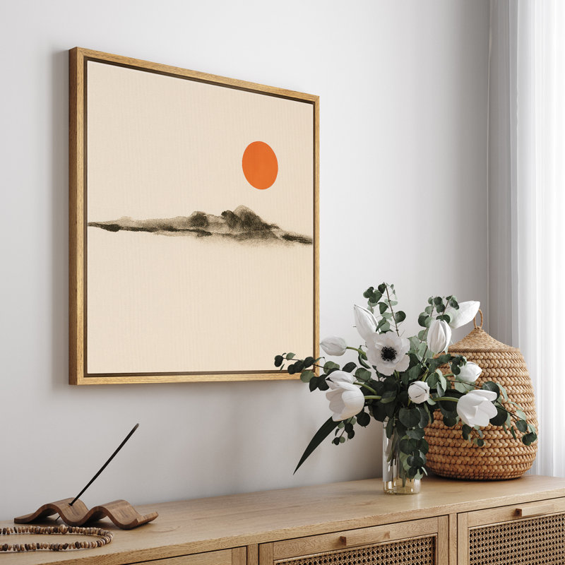 «Minimal Abstract Landscape with Orange Sun Serenity Decor», reproduction d'art sur toile encadrée, H 24 po x l 24 po