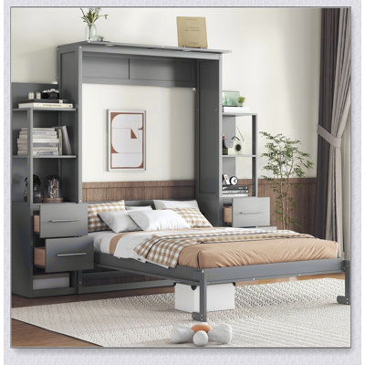 Murphy Bed Wall Bed With Shelves, Drawers And LED Lights