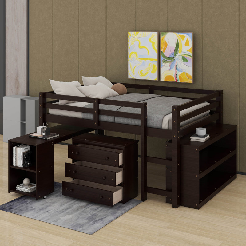 Lit mezzanine bas bas avec tablettes, armoire et bureau, Espresso