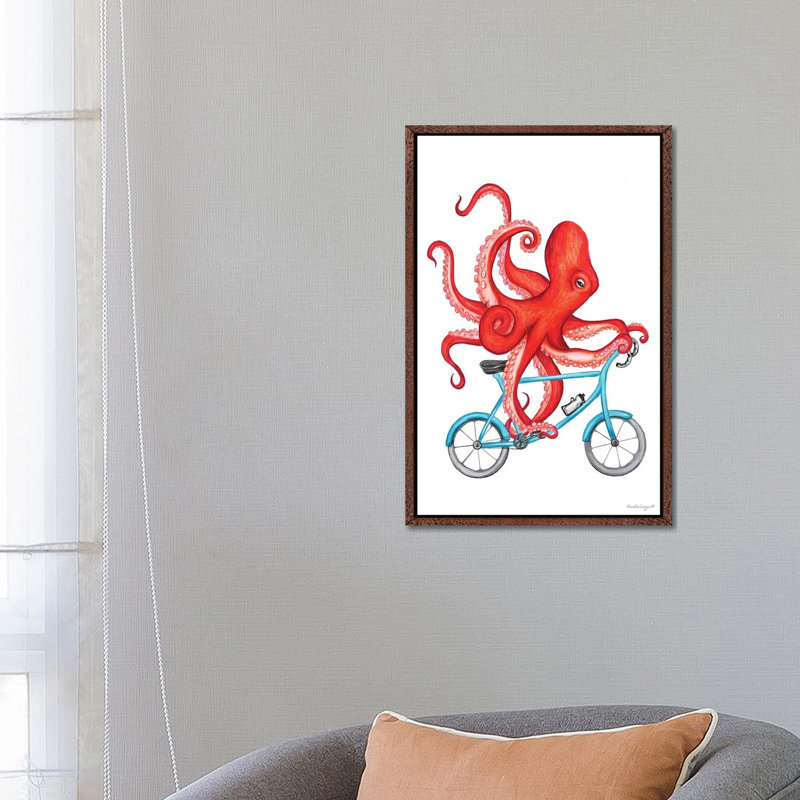 Octopus On Bike by Amélie Legault - Painting on Canvas, 66.04cm H x 45.72cm W x 3.81cm D, Classic Brown Wood Floater Framed