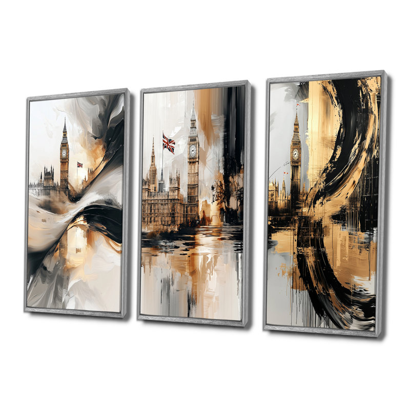 Big Ben Glow In England I - Collection d'art mural Angleterre, H 28 po x l 36 po, Impression encadrée flottante, Argent