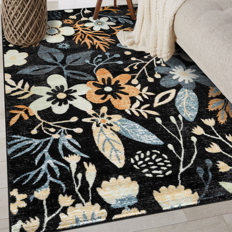 Black Multi Garden Floral Area Rug, Rectangle 4' x 6'