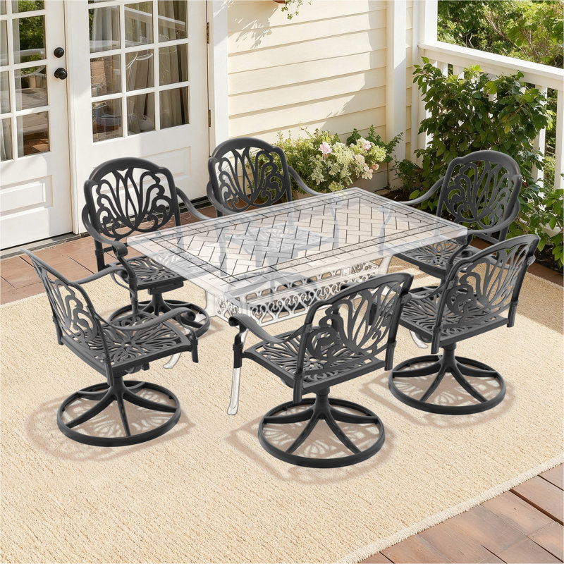 Chaise de patio pivotante en fonte d'aluminium 6 pièces avec structure noire et coussins bruns