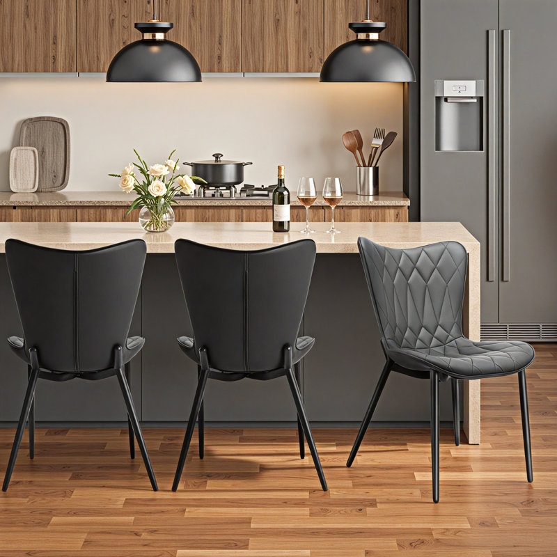 Cat Scratching Leather Dining Chair, Diamond Quilting, (set Of 2), Black