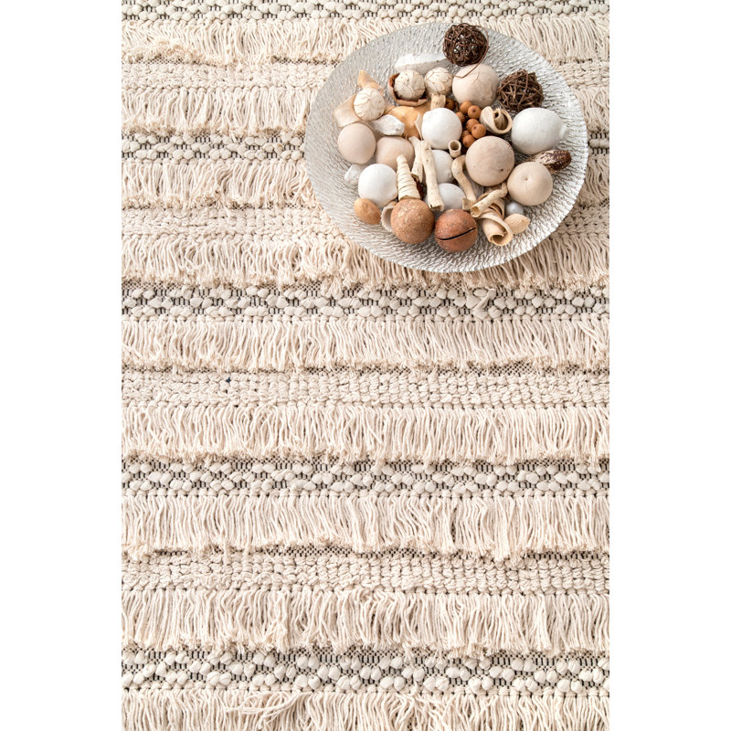 Tapis beige en coton fait à la main Aveera, Rectangulaire 3 pi x 5 pi