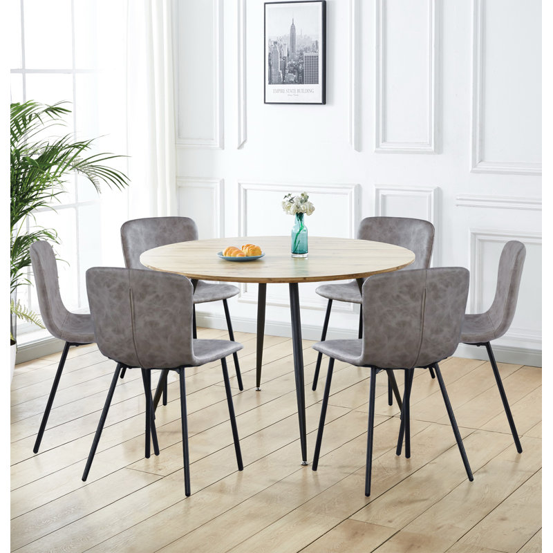 Cullompton Large Round Dining Table With Light Oak Effect Top (120Cm) With 6 Taupe Leather Effect Chairs