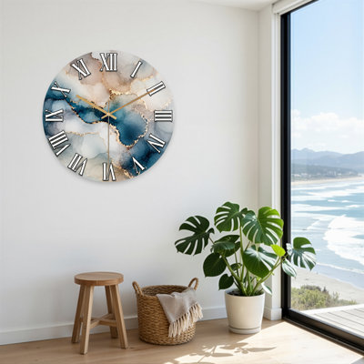 Abstract Marble Blue And Gold Abstract Pattern Ultra Clear Glass Wall Clock