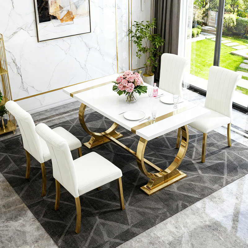 Modern 5-Piece 60"W Rectangular Dining Tabel Set for Kitchen Dining Room, 30"H x 60"W x 31.5"D, White/Gold, Gold