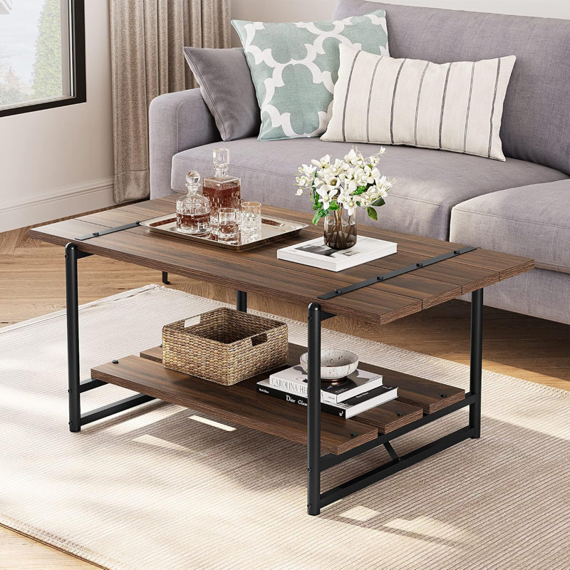 Table basse, grande table centrale rectangulaire en bois gris avec tablette de rangement, structure en métal rustique moderne - brun noyer