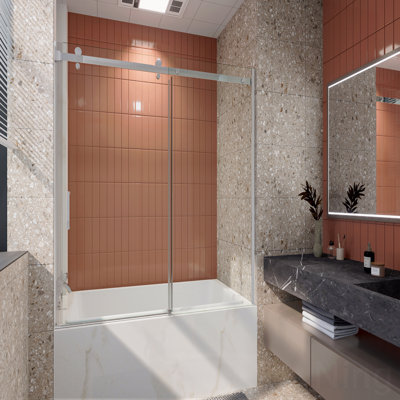 Porte de douche à ouverture coulissante mod. Sans cadre de 56 à 60 po x H 58 po avec verre trempé transparent de 5/16 po (8 mm)