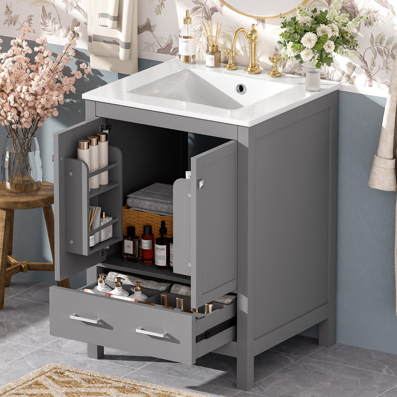 Meuble-lavabo de salle de bain avec lavabo encastré intégré et cabine de rangement, Gris