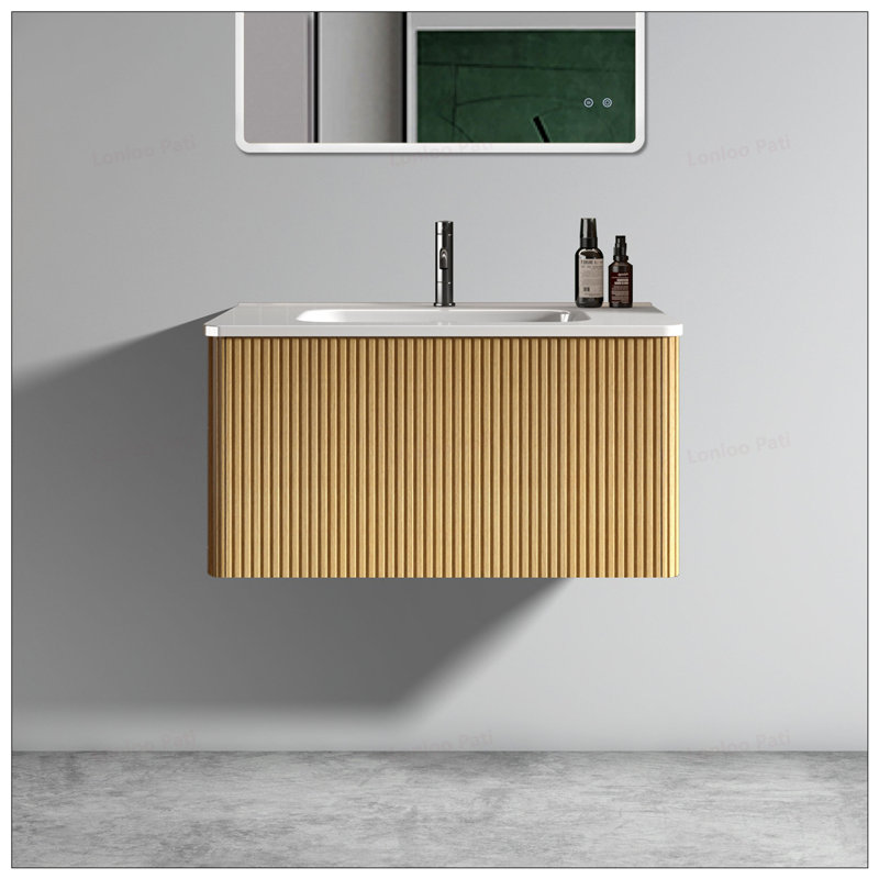 Meuble-lavabo mural rayé 30 po avec lavabo en céramique sans drain, 30", Chêne, Blanc