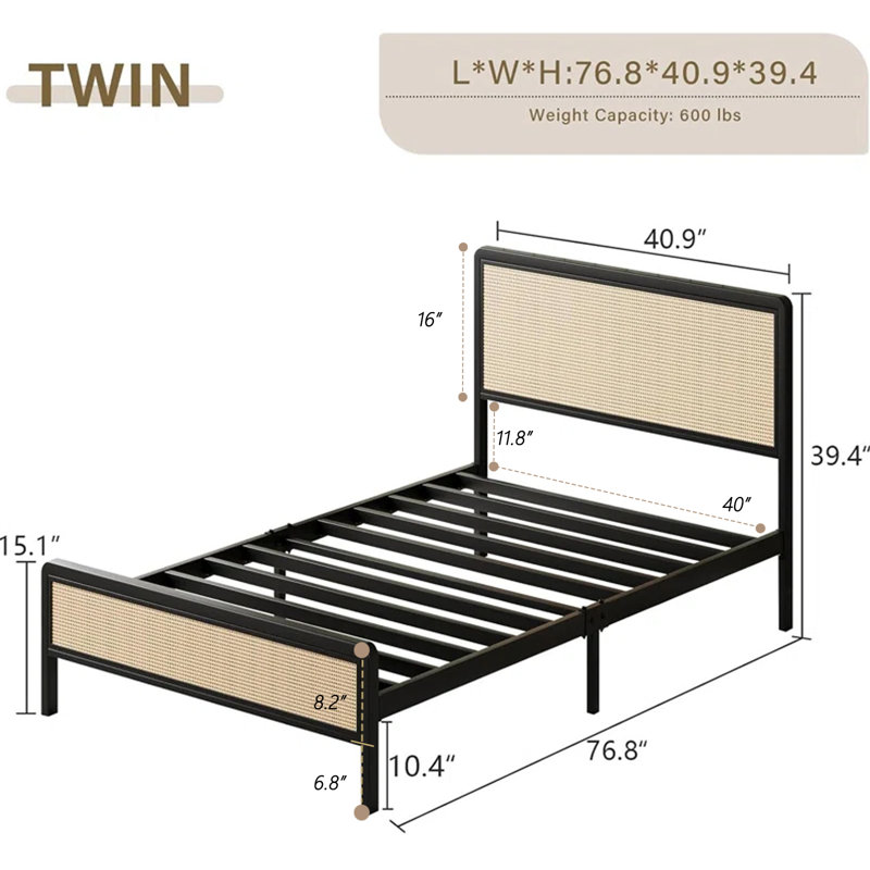 Metal Bed Frame with Rattan Headboard, Twin, Black