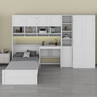 Lit plateforme multifonctionnel avec bureau, garde-robe, armoires, tiroirs et tablettes