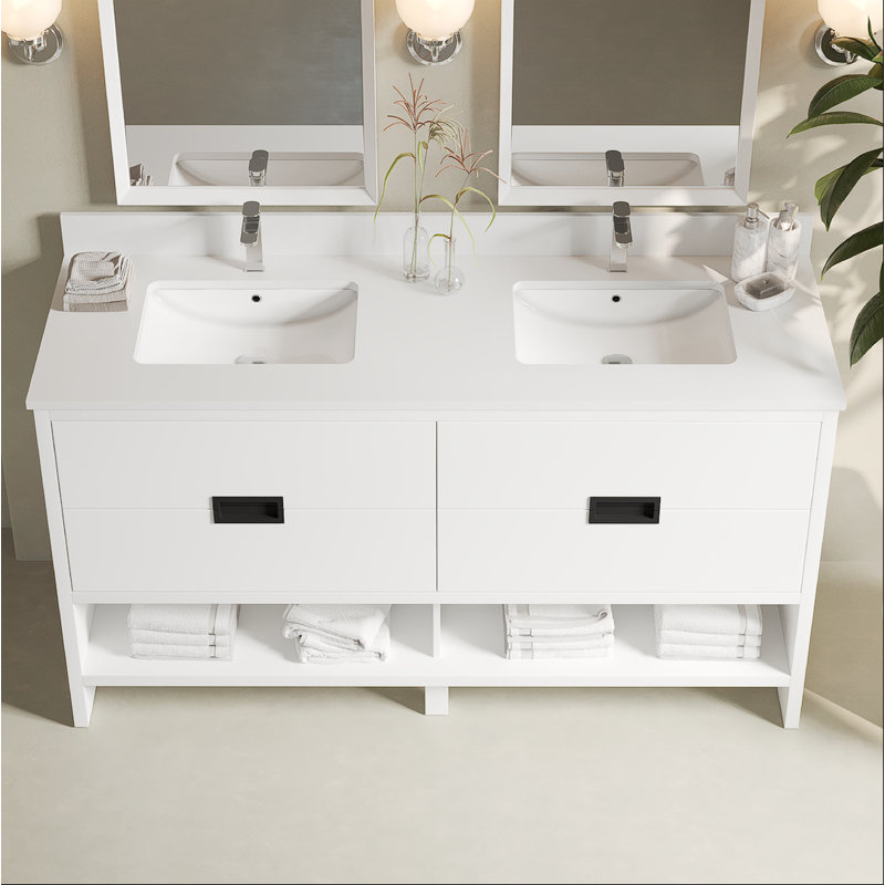 Meuble-lavabo double 63 po avec comptoir en quartz Francia, Blanc