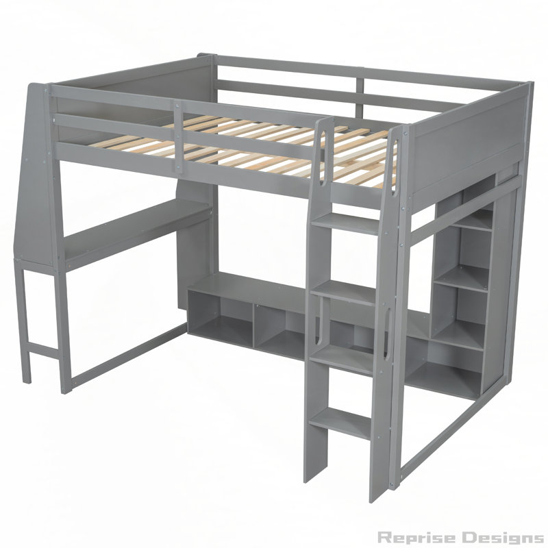 Wood Gaming Loft Bed with Desk, Multi-storage Shelves, LED and a Hanging Clothes Rack, Full