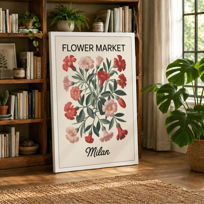 Flower Market Milan Botanical - Wrapped Canvas, Ochre Border, 30x20 - 76.2 x 50.8 cm