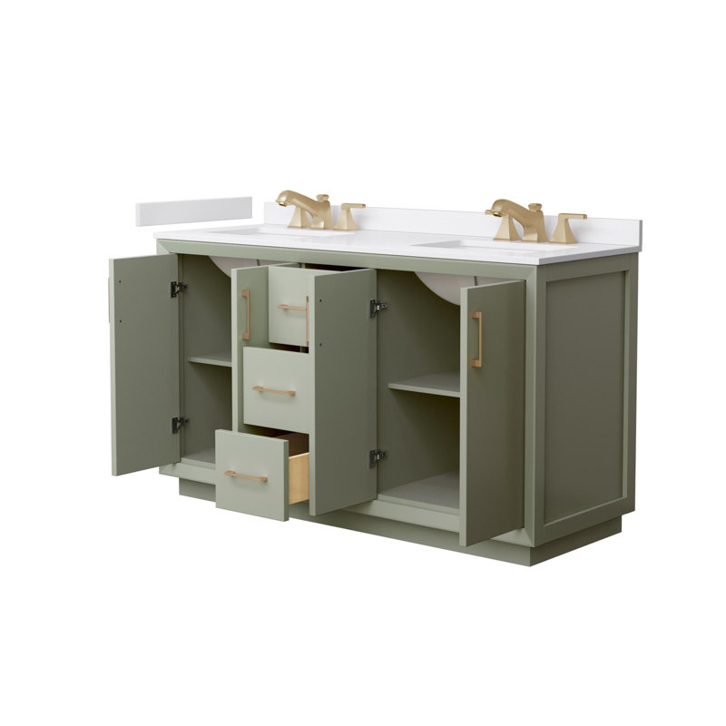 Meuble-lavabo double autoportant 60 po avec plateau en marbre Strada, Vert, Bronze satiné