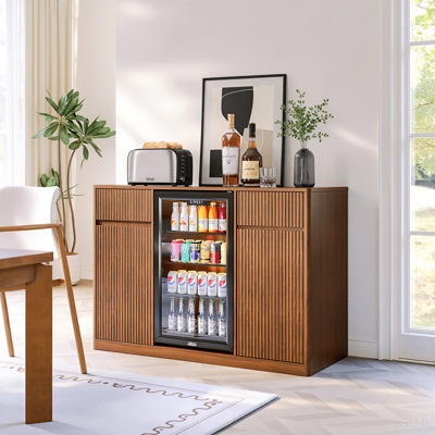 53.2"Fluted Buffet Wine Cabinet with Mini Fridge Nook (Fridge Not Included), Charging Station&Adjustable Shelves, Sideboard Storage Cabinet for Kitchen Living Room