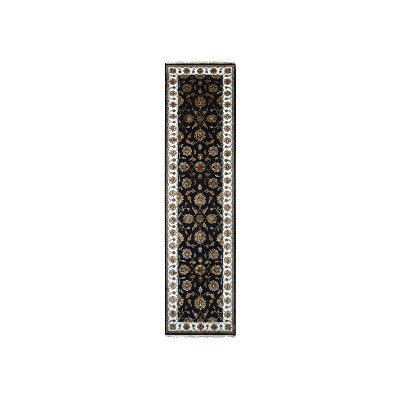 Tapis de couloir en laine noué à la main 2 pi 6 po x 10 pi noir Oyster Rajasthan CCF3F4C2C68A40F39FB57E0E17269F44