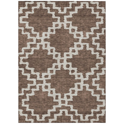 5' X 8' Brown And Ivory Geometric Washable Indoor Outdoor Area Rug