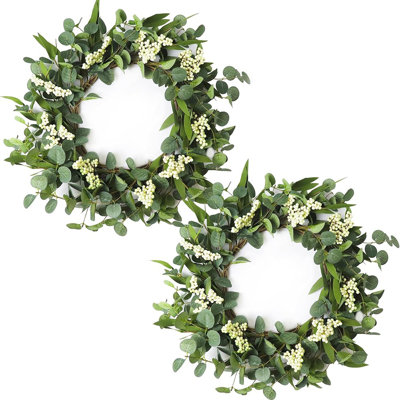 Front Door Wreath - Green - 20" Artificial Eucalyptus With Berries, Farmhouse Style, Indoor/Outdoor, 2-Pack
