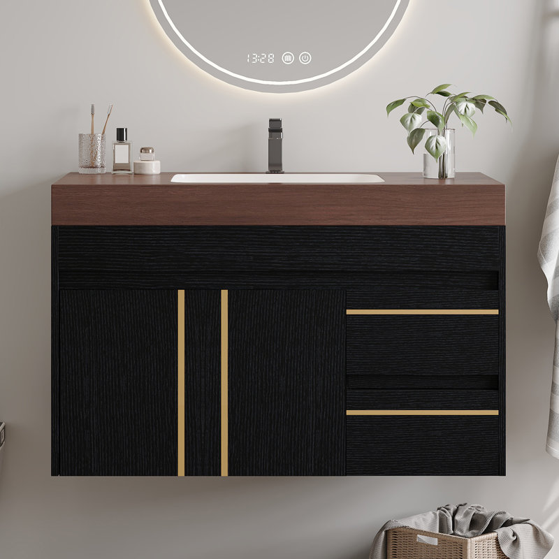 Meuble-lavabo flottant 36 po avec plateau en faux marbre et lavabo en céramique Aether, Marron foncé